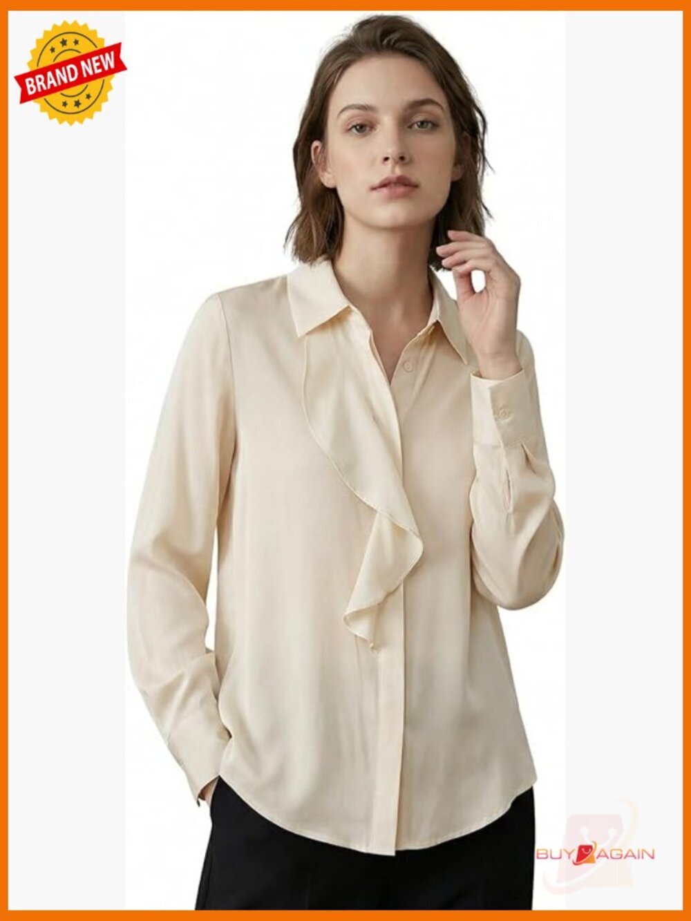 Silk Button Down Blouse Long Sleeve Asymmetric Ruffle Front Work Top